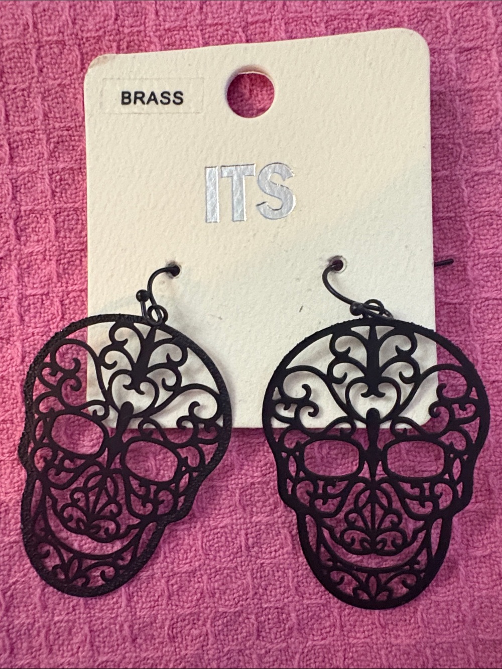 ITS Brass Filigree Skull Earrings in Black